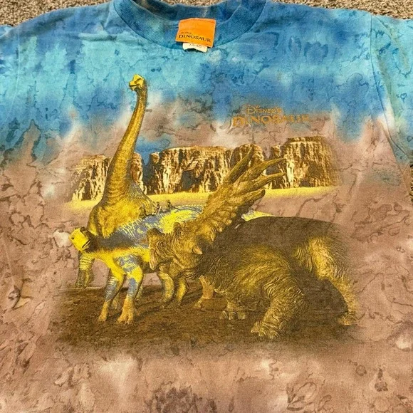 Vintage Disney Dinosaur Promo Shirt XS 4/5 Kids Tie Dye Movie Graphic Blue Brown - Picture 2 of 5